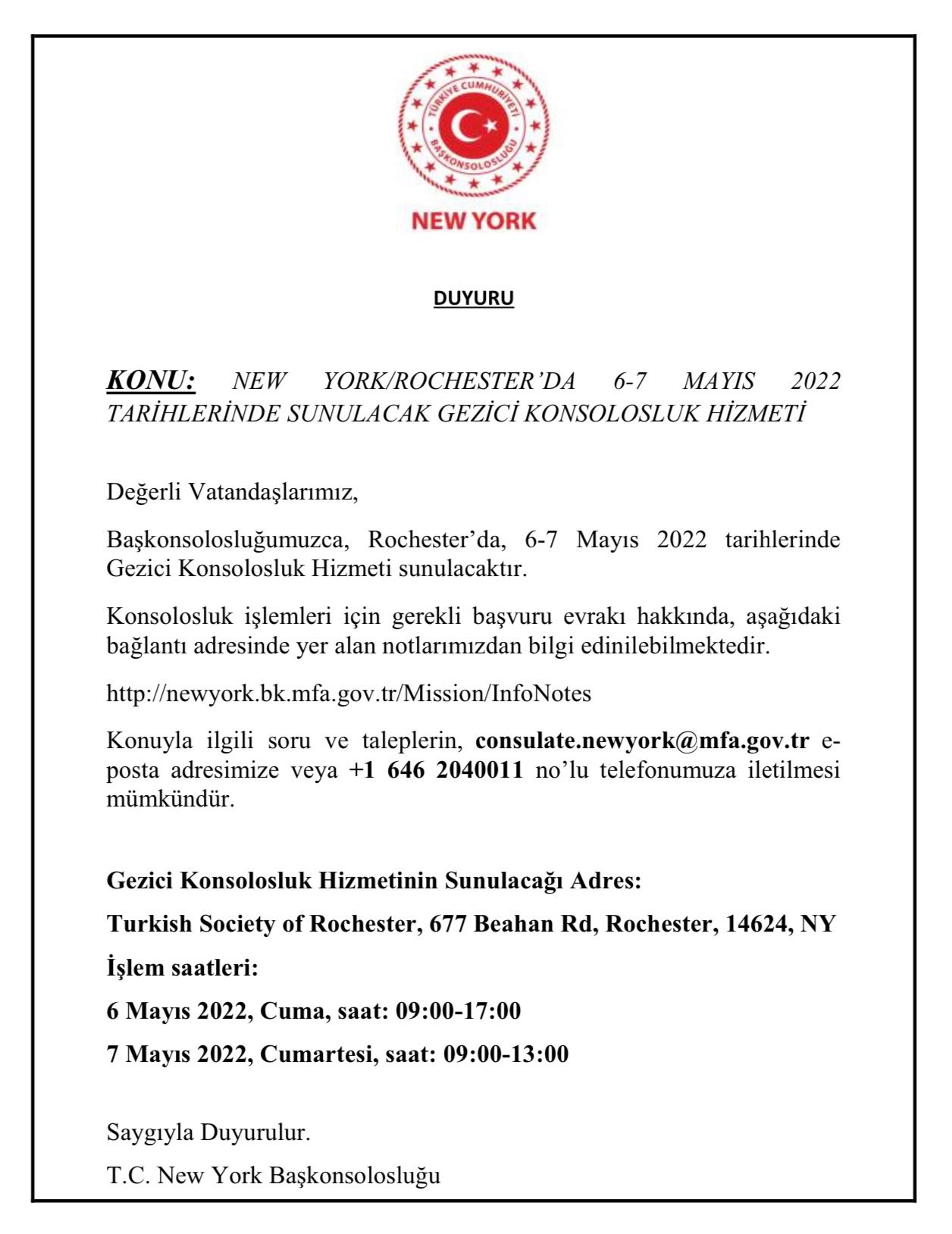 New York Rochester'da Gezici Konsolosluk Hizmeti New York www