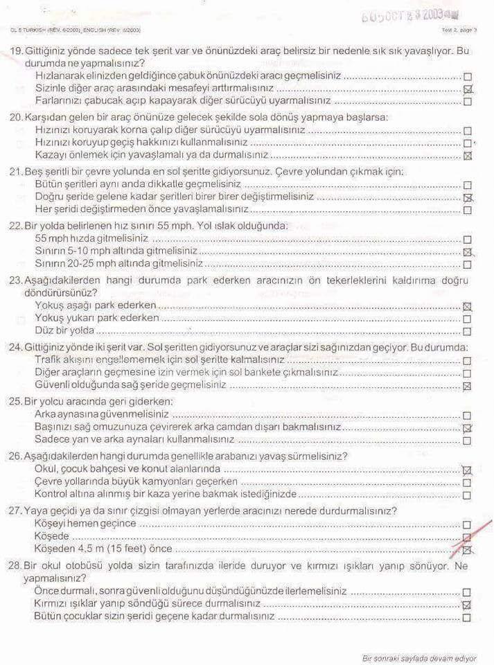 California Ehliyet Sınavında Çıkan Sorular USA/ABD