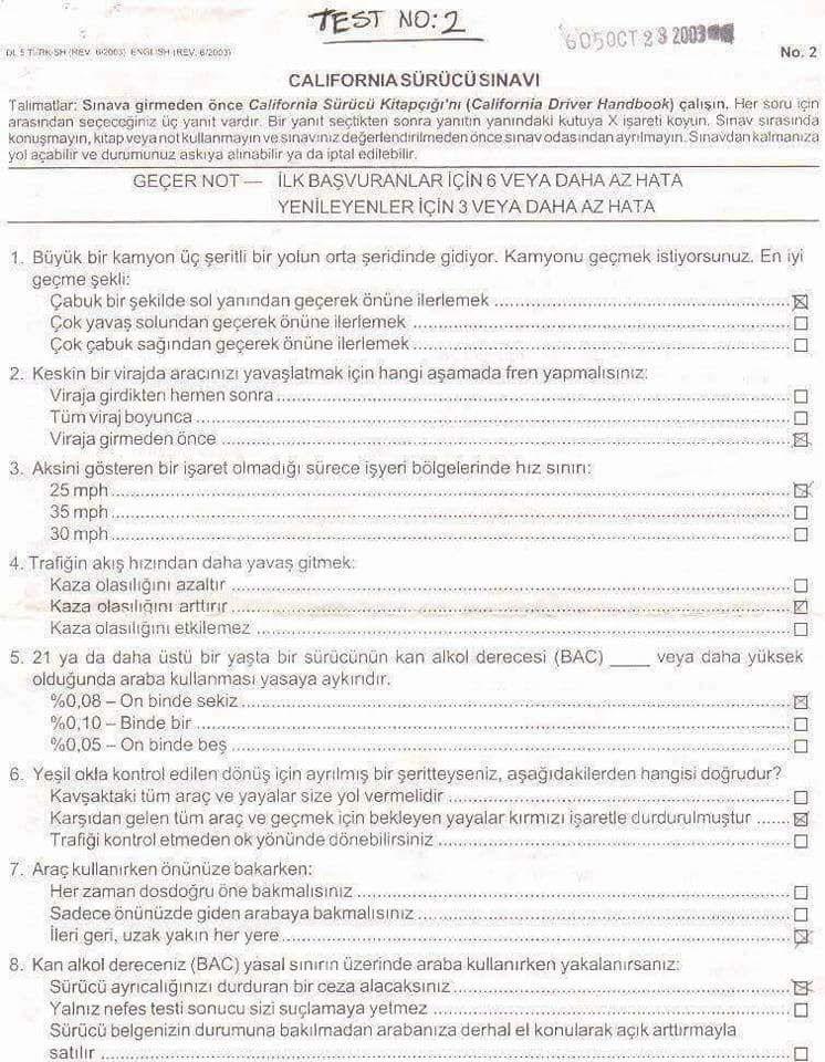 California Ehliyet Sınavında Çıkan Sorular USA/ABD