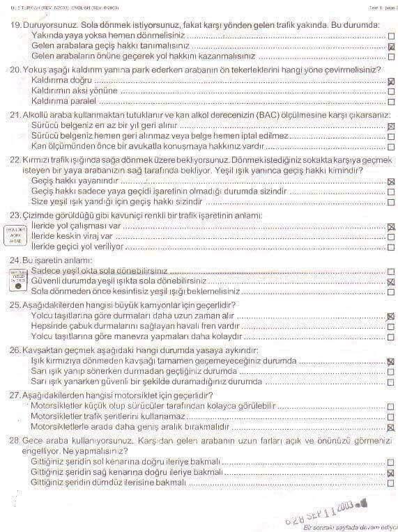 California Ehliyet Sınavında Çıkan Sorular USA/ABD