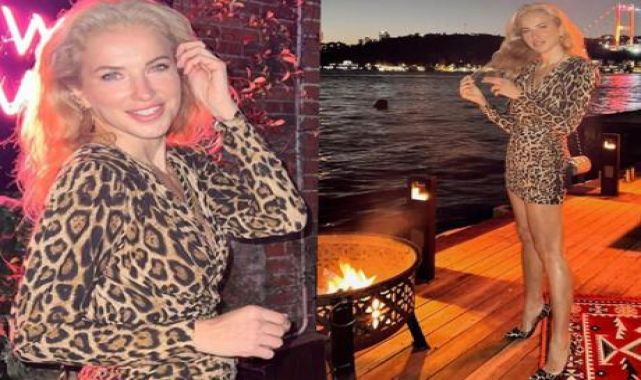 Burcu Esmersoy'un leopar desenli elbisesiyle verdiği pozlara beğeni yağdı