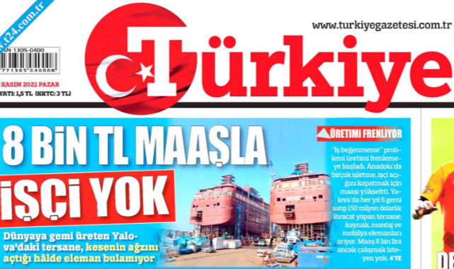Türkiye gazetesi manşeti: 8 bin TL maaşlı İş