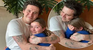 Brooklyn Beckham hugs little sister Harper as she gets teary eyed