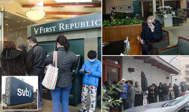 Customers line up outside First Republic Bank to take their money out