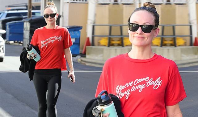 Olivia Wilde spotted leaving gym in red t-shirt  and black leggings