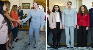 Princess Charlene looks typically chic in a £3,580 pale blue suit