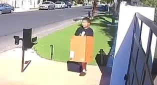 Child porch pirate waddles out of muscle car to steal package