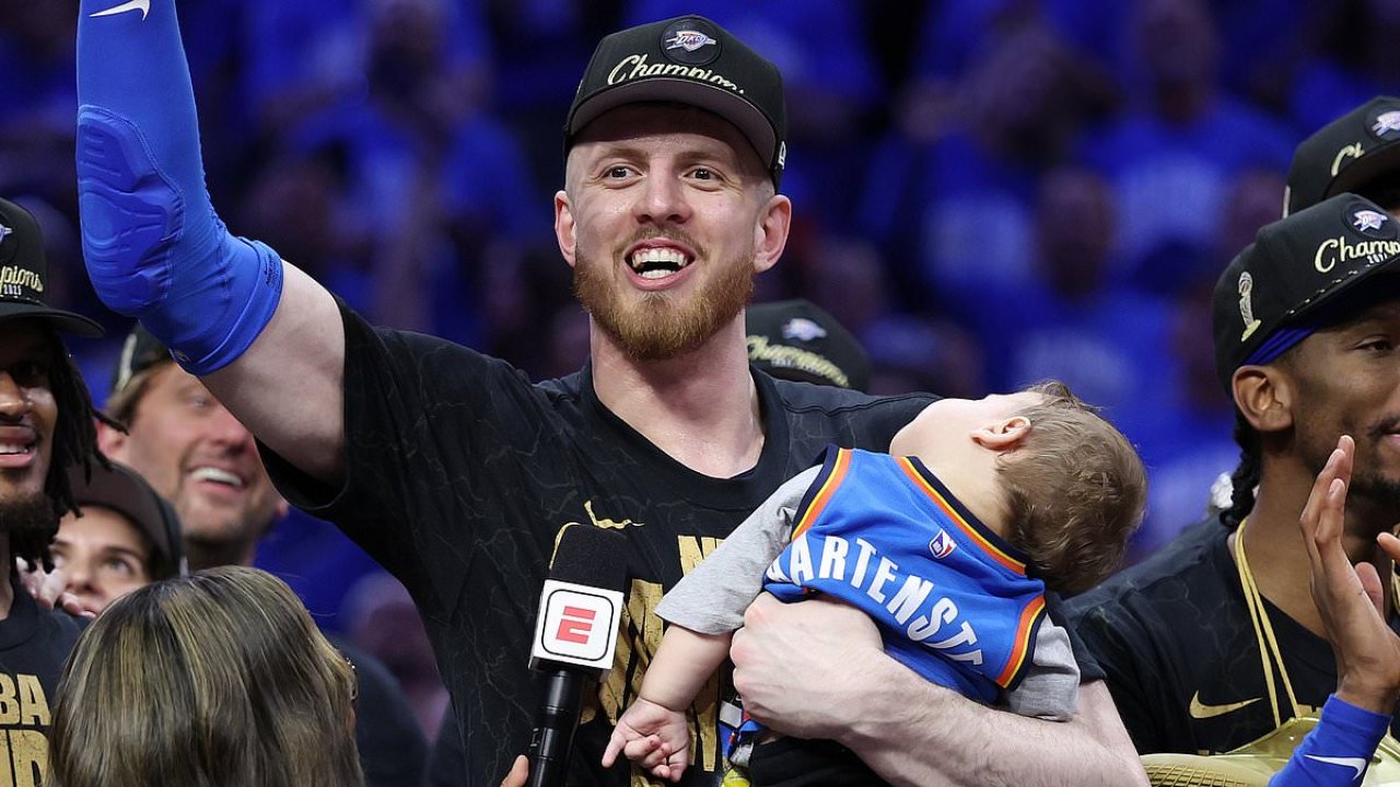 OKC star Isaiah Hartenstein's son naps through NBA Finals celebration