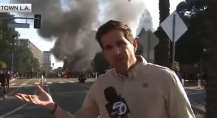 Reporter denies there are riots in LA while chaos unfolds behind him