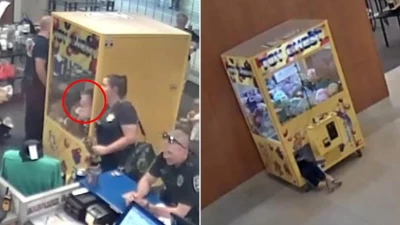 Little boy gets stuck inside CLAW machine after trying to steal prize