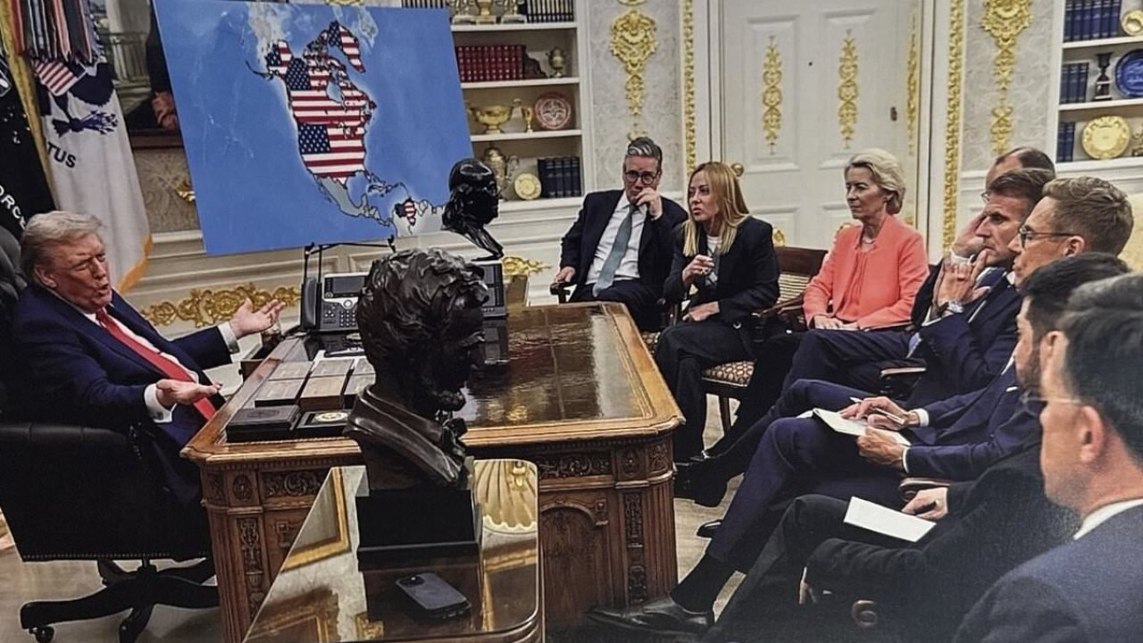 Trump trolls European leaders with AI image of them looking at map showing Greenland as US territory in the Oval Office as he flies to Davos