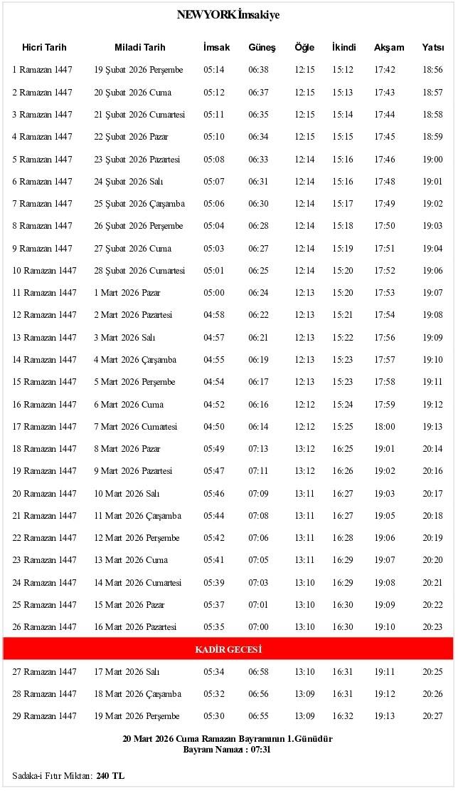İşte ABD 2026 Ramazan imsakiyesi