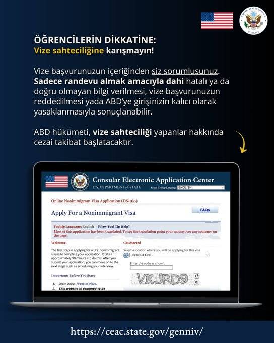 ABD Ankara Büyükelçiliği’nden öğrencilere vize uyarısı