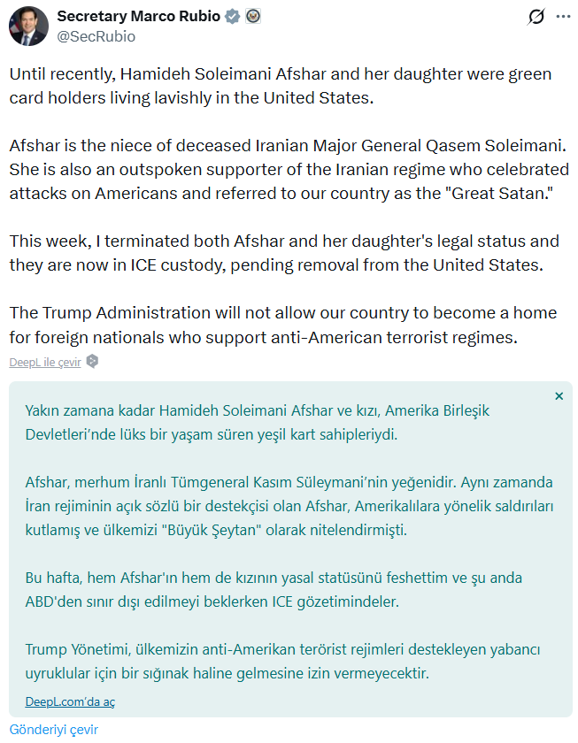 Kasım Süleymani’nin ailesine ABD’de gözaltı kararı